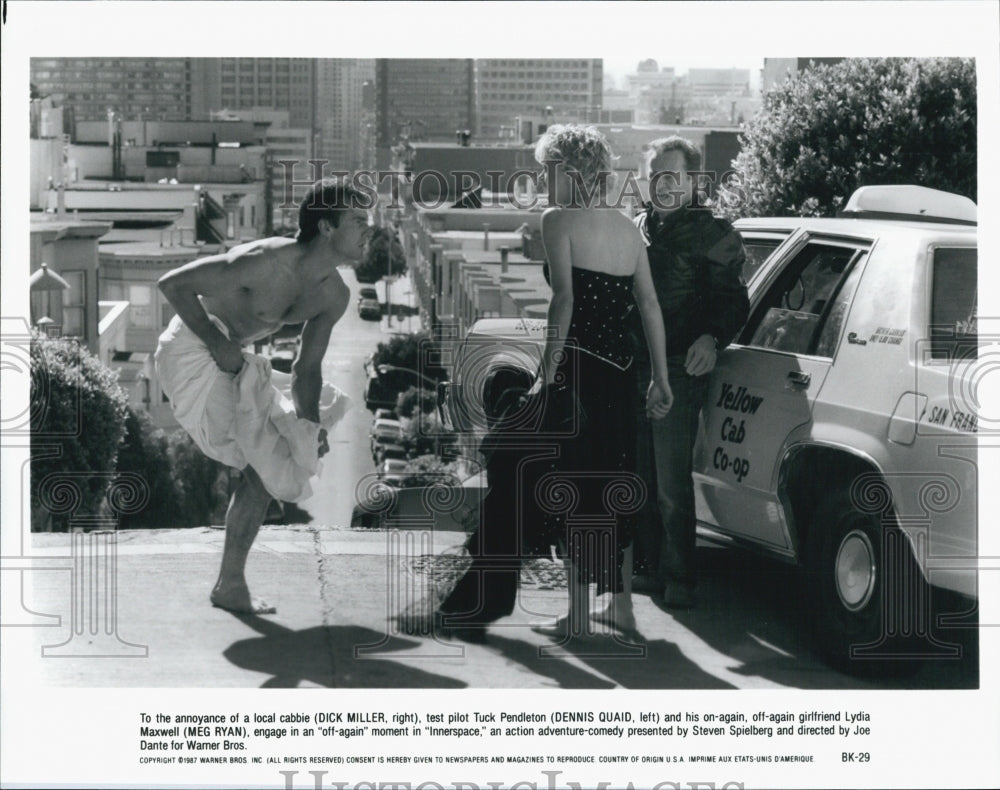 1987 Press Photo Dick Miller, Dennis Quaid, Meg Ryan "Innerspace" - Historic Images