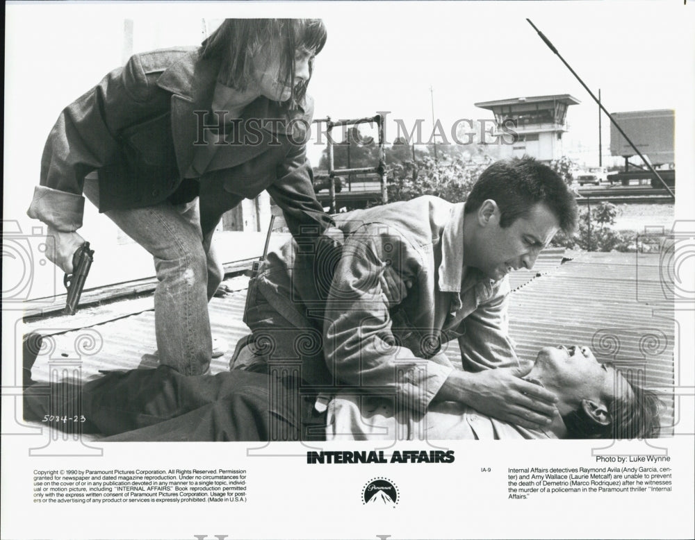 1990 Press Photo Laurie Metcalf, M. Rodriquez, Andy Garcia &quot;Internal Affairs&quot; - Historic Images