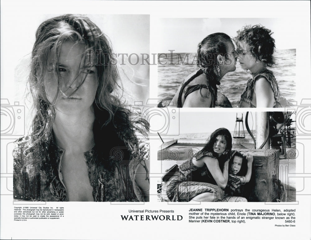 1995 Press Photo "Waterworld" Jeanne Tripplehorn, Tina Majorino, Kevin Costner - Historic Images