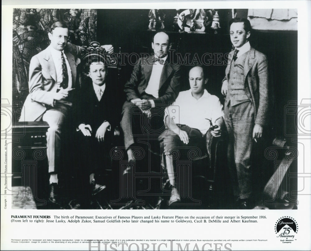 1916 Press Photo Paramount founders Jesse Lasky, Adolph Zucker,Samuel Goldfish - Historic Images