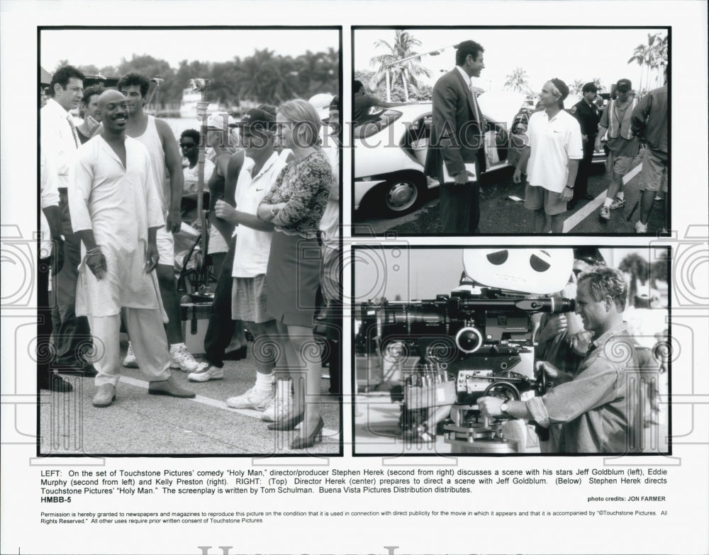 1998 Press Photo &quot;Holy Man&quot; Stephen Herek directs Jeff Goldblum, Eddie Murphy - Historic Images