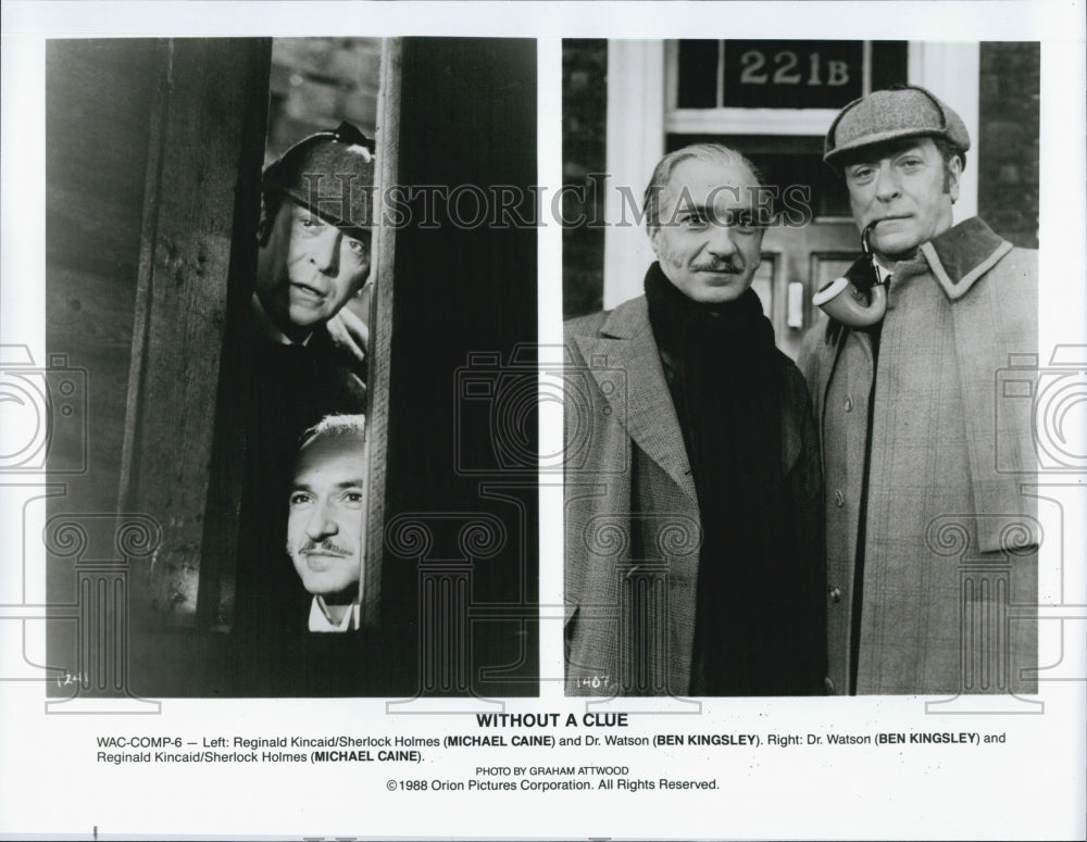 1988 Press Photo &quot;Without A Clue&quot; Ben Kingsley , Michael Caine - DFPG80133 - Historic Images