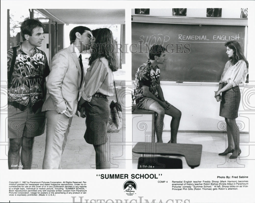 1987 Press Photo Mark Harmon, Kirstie Alley, Robin Thomas "Summer School" - Historic Images