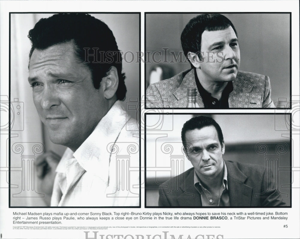 1997 Press Photo Michael Madsen, Bruno Kirby & James Russo In "Donnie Brasco" - Historic Images