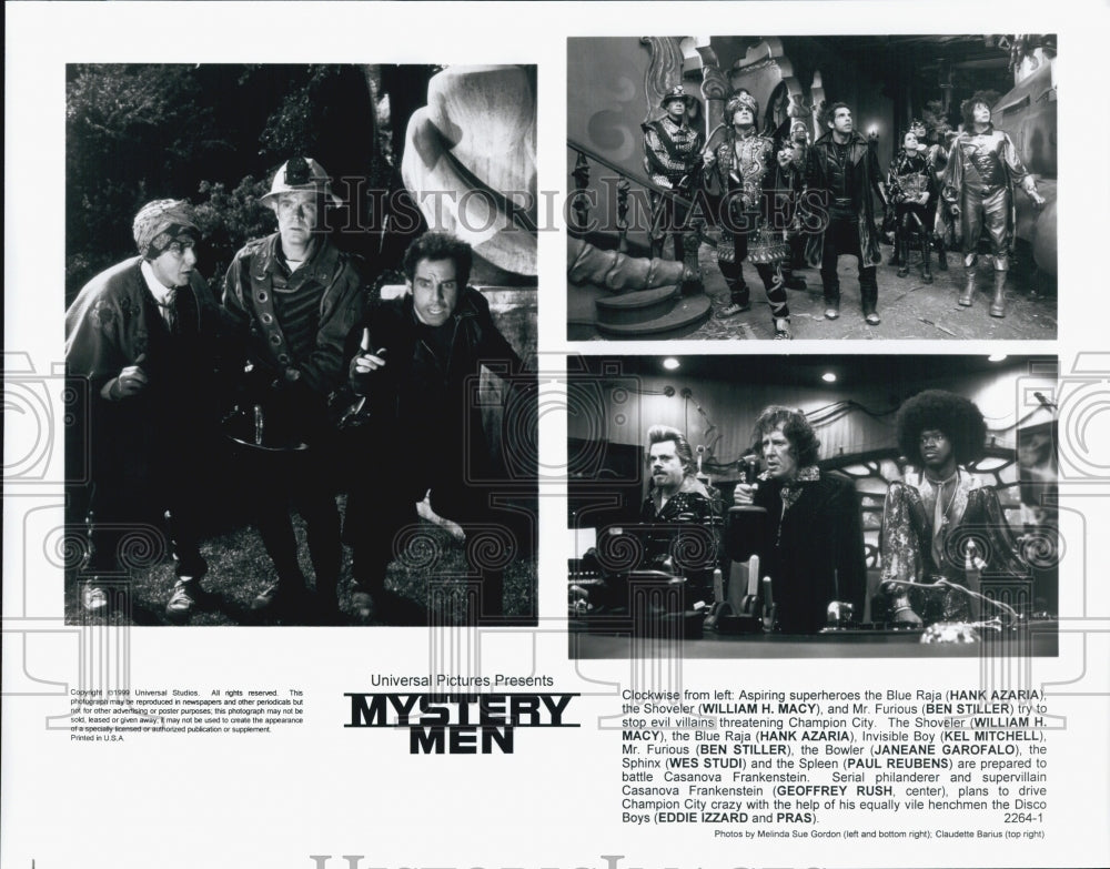 1999 Press Photo Hank Azaria, William Macy, Ben Stiller &quot;Mystery Men&quot; - Historic Images