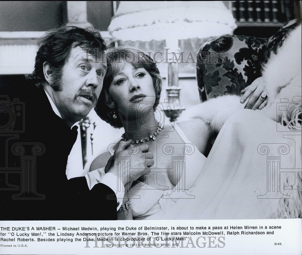 1973 Press Photo Michael Medwin and Helen Mirren in "O Lucky Man!" - Historic Images