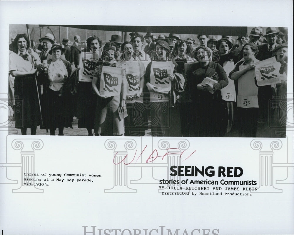 1983 Press Photo Young Communist women at May Day Parade &quot;Seeing Red&quot; - Historic Images