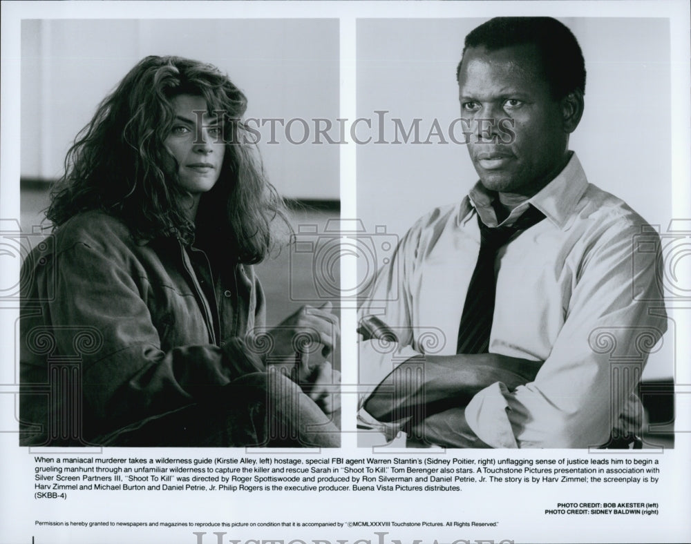 1988 Press Photo Kirstie Alley, Sidney Poitier &quot;Shoot to Kill&quot; - DFPG87323 - Historic Images