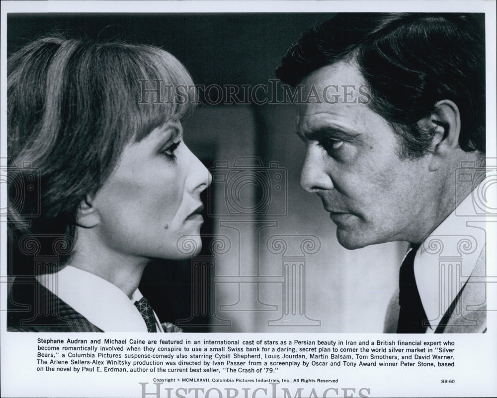 1977 Press Photo Staphane Audran and Michael Caine in &quot;Silver Bears&quot; - Historic Images