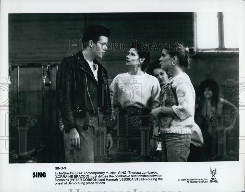 1989 Press Photo Lorraine Bracco, P. Dobson, Jessica Steen &quot;Sing&quot; - Historic Images