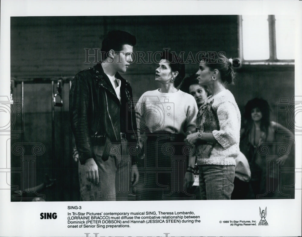 1989 Press Photo Lorraine Bracco, P. Dobson, Jessica Steen "Sing" - Historic Images