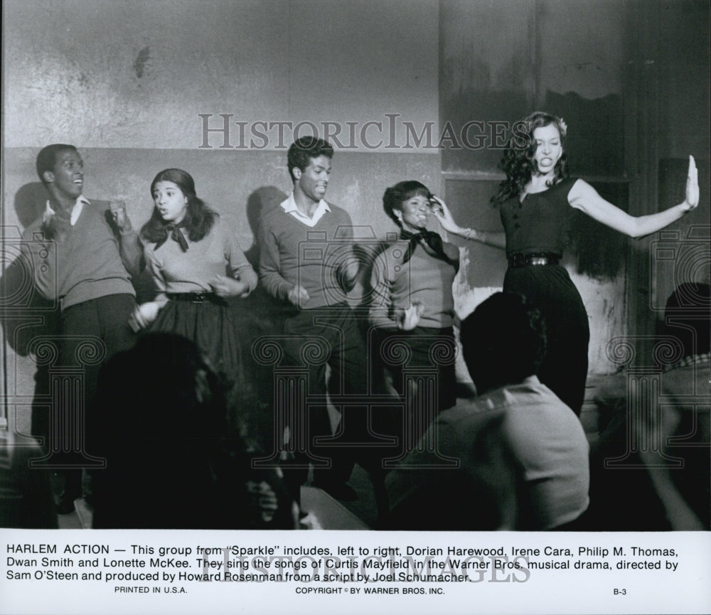 1976 Press Photo D. Harewood, Irene Cara, Dwan Smith, Philip M. Thomas "Sparkle" - Historic Images