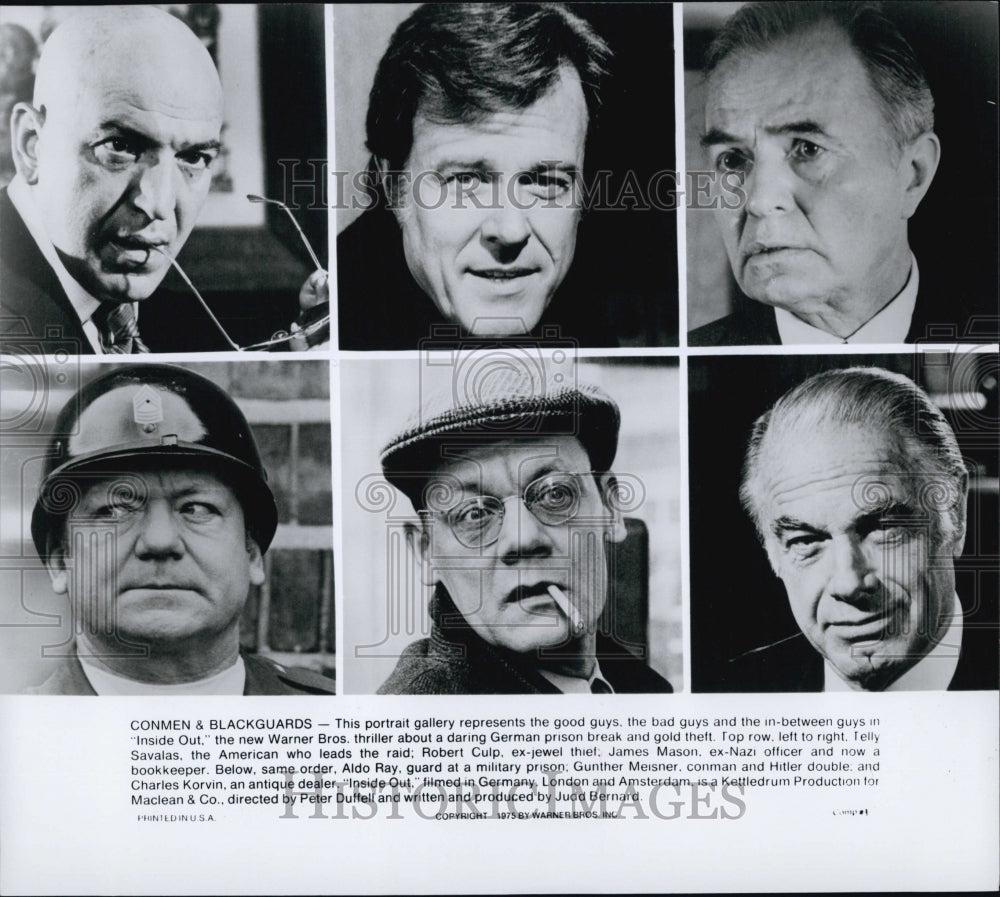 1975 Press Photo Cast Of Action Film "Inside Out" Telly Savalas And Robert Culp - Historic Images