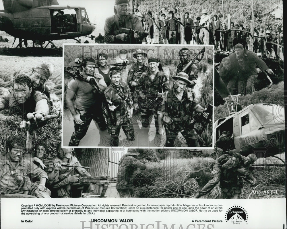 1983 Press Photo "Uncommon Valor" R Cobb,Patrick Swayze,F Ward,Gene Hackman - Historic Images