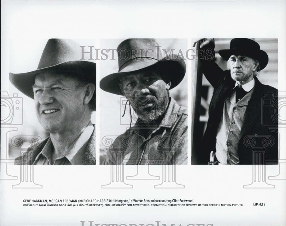 1992 Press Photo  &quot;Unforgiven&quot; Gene Hackman, Morgan Freeman, Richard Harris - Historic Images