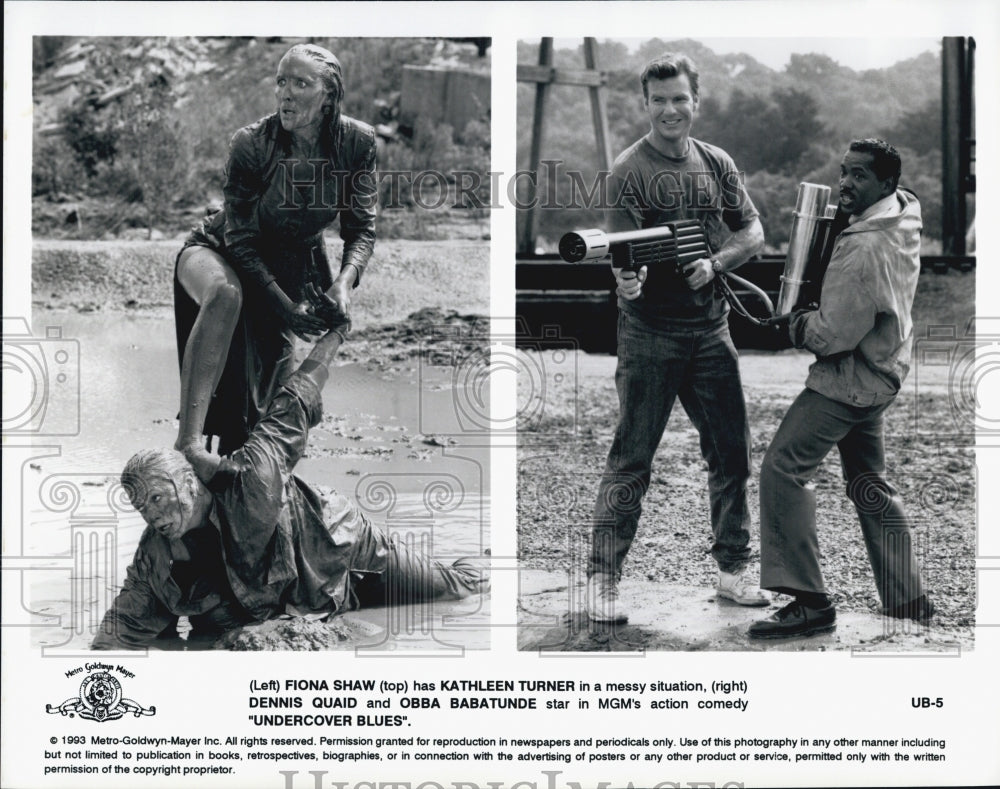 1993 Press Photo Fiona Shaw, Kathleen Turner, Dennis Quaid &quot;Undercover Blues&quot; - Historic Images