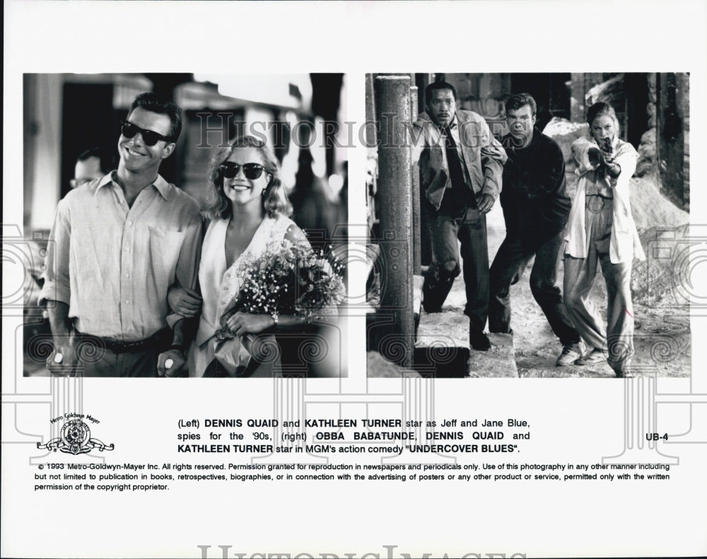 1993 Press Photo Dennis Quaid, Kathleen And Obba Babatunde In &quot;Undercover Blues&quot; - Historic Images