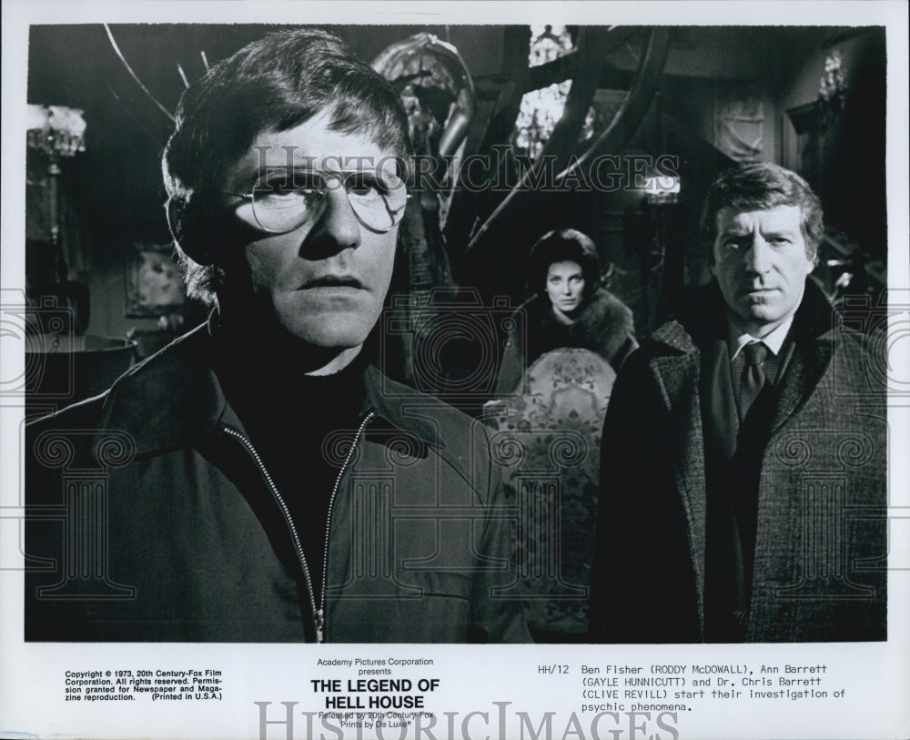 1973 Press Photo "The Legend of Hell House" Roddy mcDowall,G Hunnicutt,C Revill - Historic Images