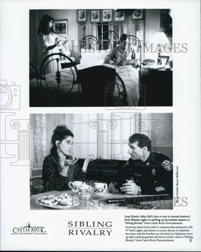 1990 Press Photo Kirstie Alley, Scott Bakula, Jami Gertz &quot;Sibling Rivalry&quot; - Historic Images