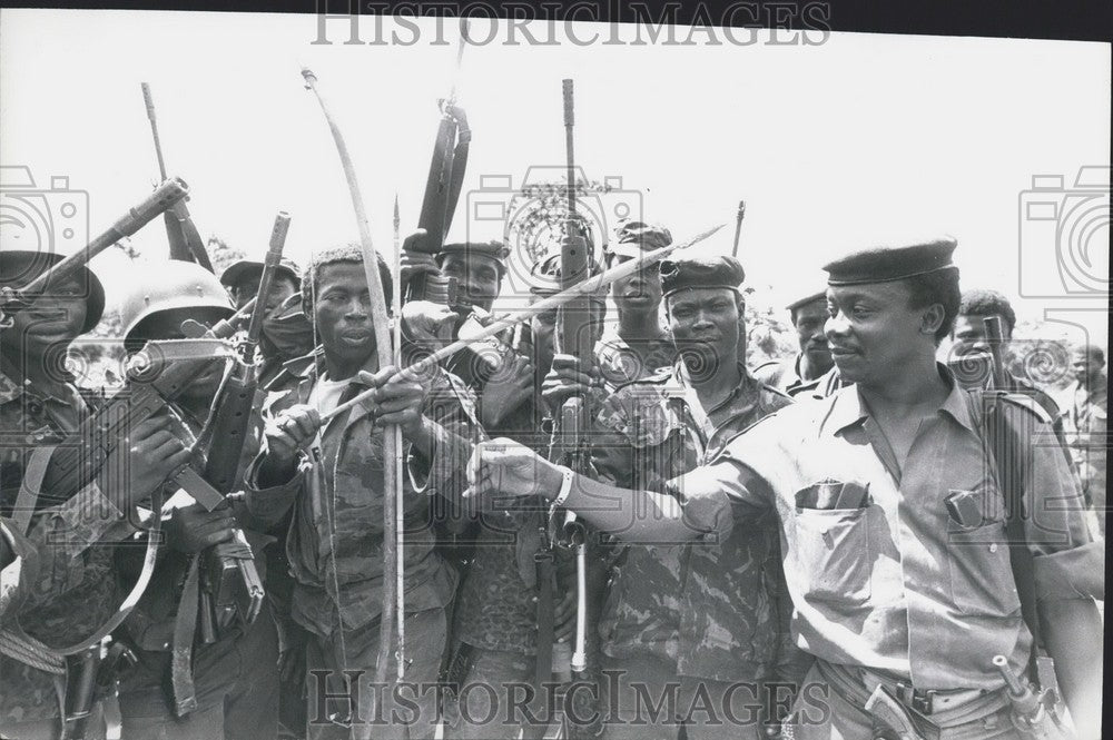Zaire officer checks one of his men using bow and arrows-Historic Images