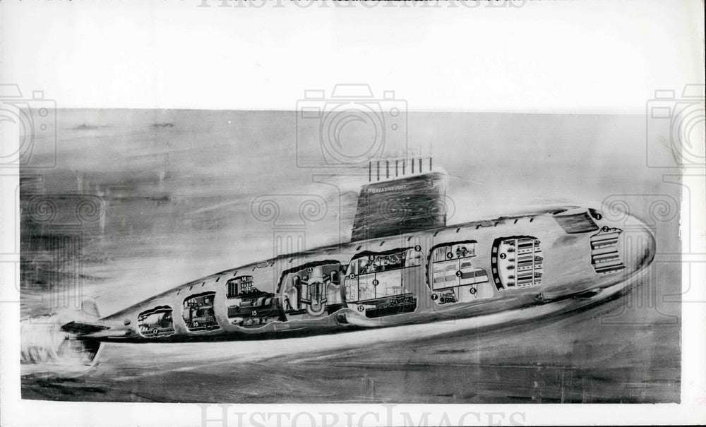 1959 Britain's First Nuclear Submarine,layout drawing - Historic Images