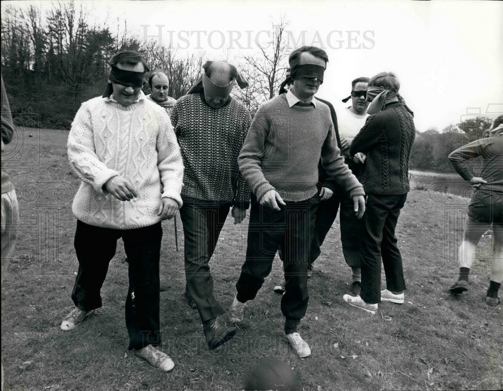 Press Photo business men play blind football to learn teamwork - KSB19507 - Historic Images