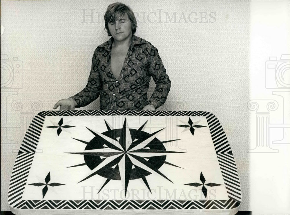 1977  Mr. Schwitter & table made of 250,000 matches - Historic Images