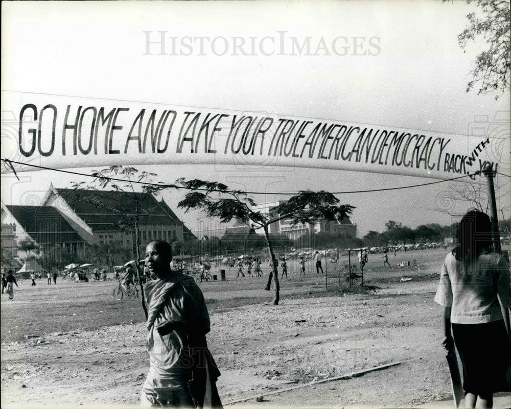 1976, A Banner Erected By Thai Students Protesting U.S. Military - Historic Images