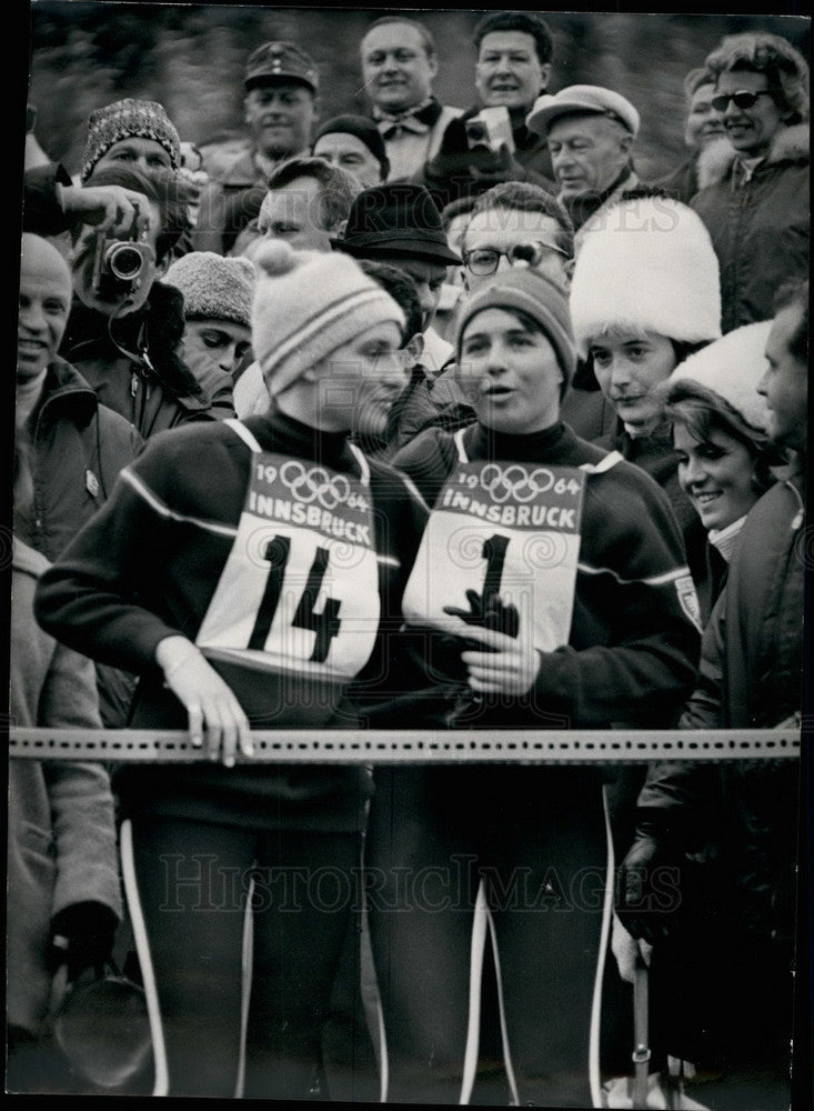 1964 Press Photo Christine Goitsche and Marielle Goitschel After Olympic Slalom - Historic Images