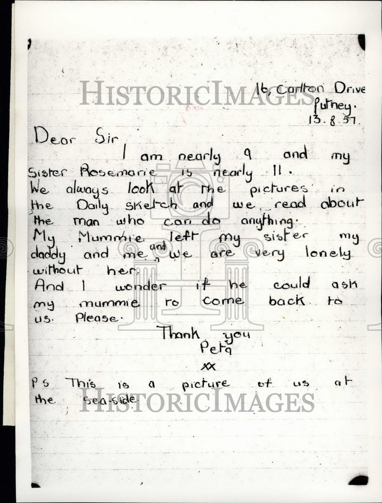 1957 Press Photo Letter Received By The Daily Sketch From Peta And Rosemary X-Historic Images