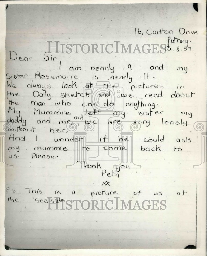 1957 Press Photo Letter Received By Daily Sketch From Peta And Rosemary X-Historic Images