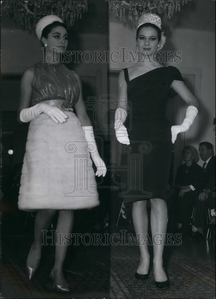 1962 Press Photo Women Modeling Crepe De Chine Mink Brocade Skirt Blouse - Historic Images