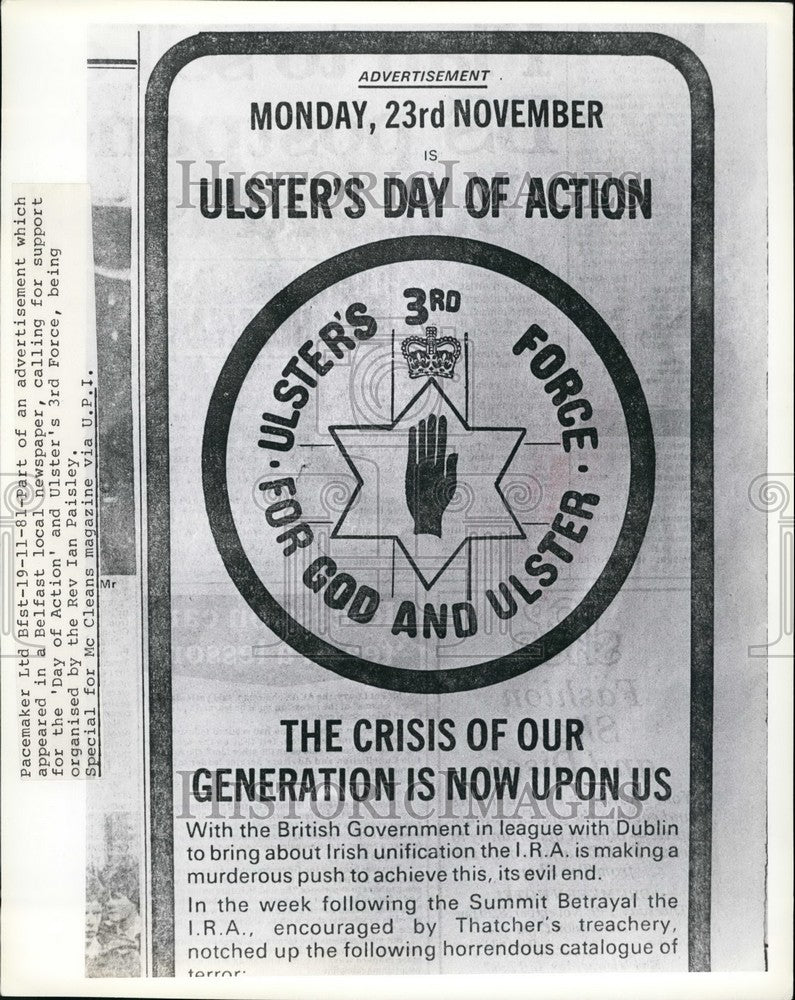 1981, Advertisement In Belfast Newspaper Calling For Support - Historic Images