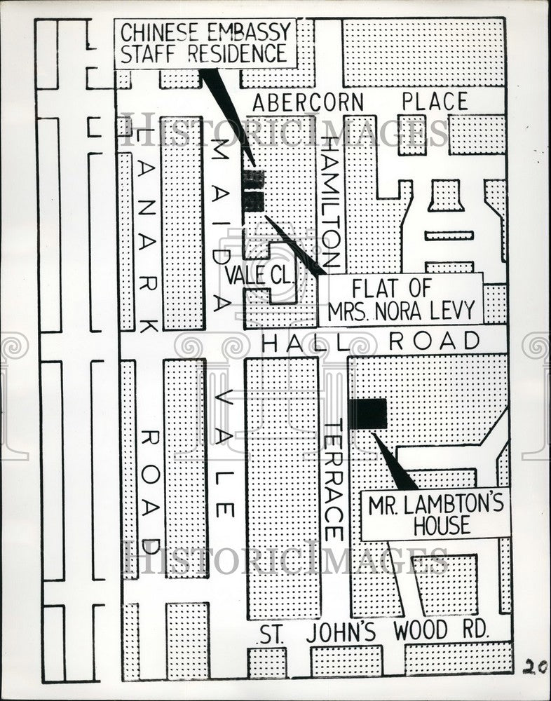 1973 Press Photo Map showing the inserted locations of the Chinese Embassy - Historic Images