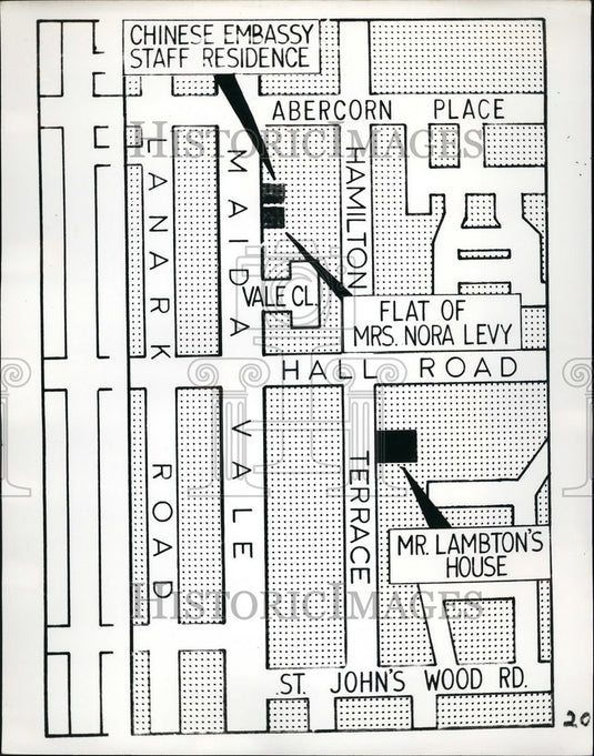1973 Press Photo Map showing the inserted locations of the Chinese Embassy - Historic Images
