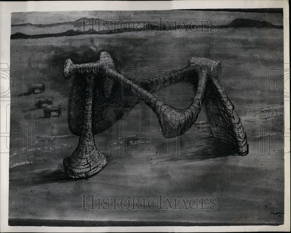 1953 Press Photo Sculptural Object In Landscape 1939 By Henry Moore - Historic Images