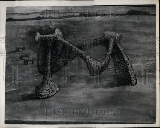 1953 Press Photo Sculptural Object In Landscape 1939 By Henry Moore - Historic Images