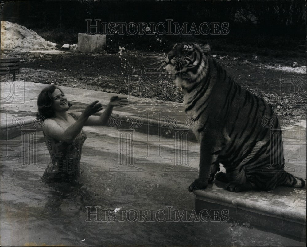 Press Photo A tiger and the trainer in a pool - KSB61837-Historic Images