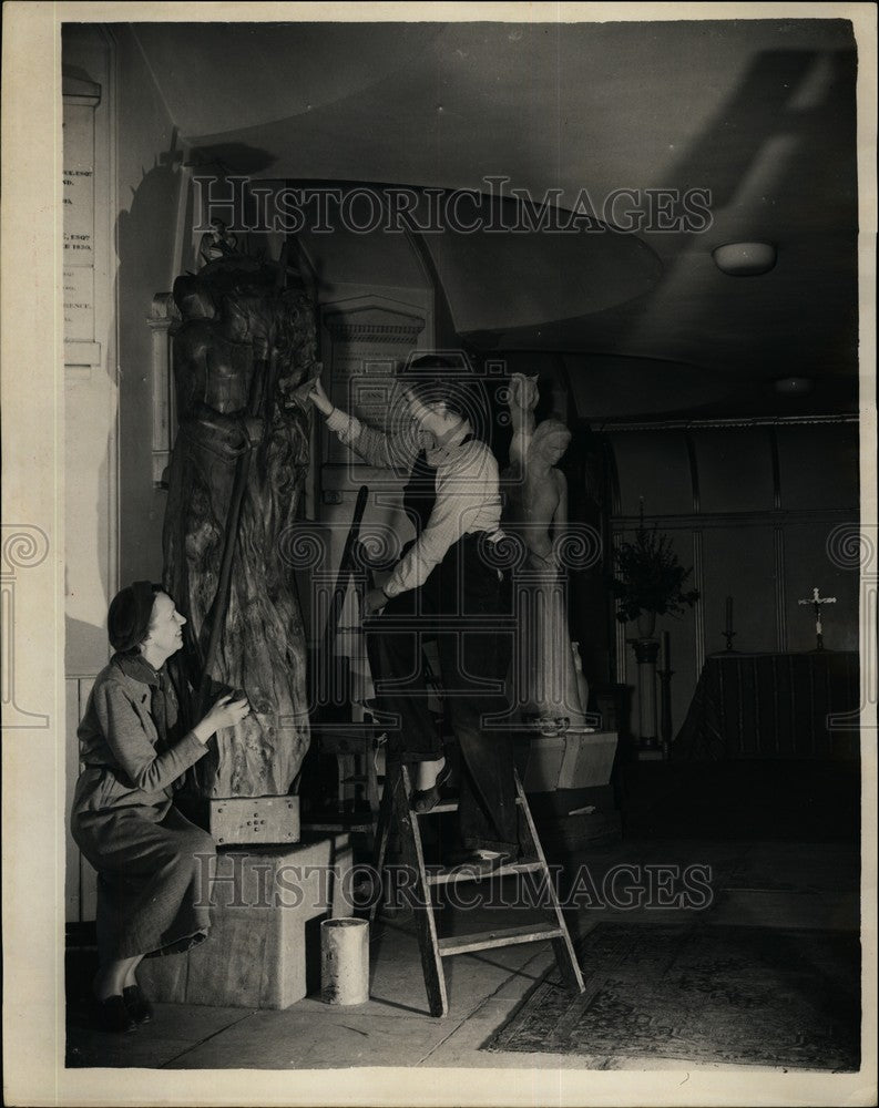 1955 Sculptor Josephina De Vasconcellos/St. Michael Sculpture - Historic Images