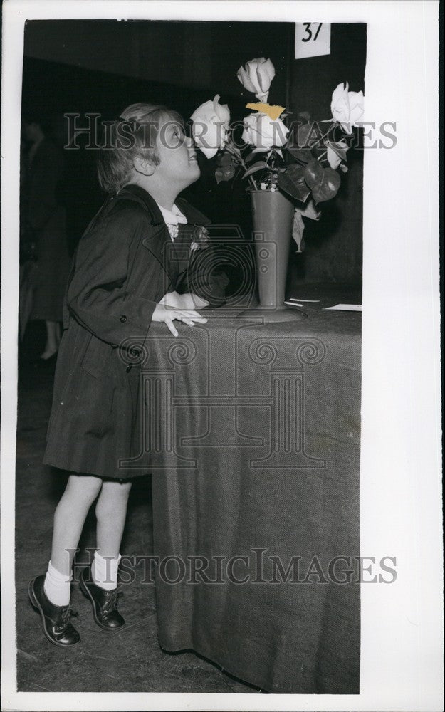 1959 Five year old Elaine Mitoller smelling a collection of blooms - Historic Images