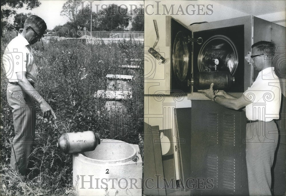 1964 the ready containers are hold up in tubes - Historic Images