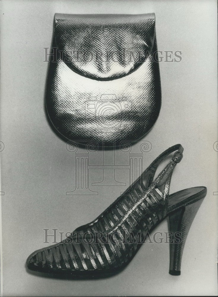 1979 Press Photo; Strappy, Golden Snakeskin Sandal & Clutch by Andrea Pfister-Historic Images