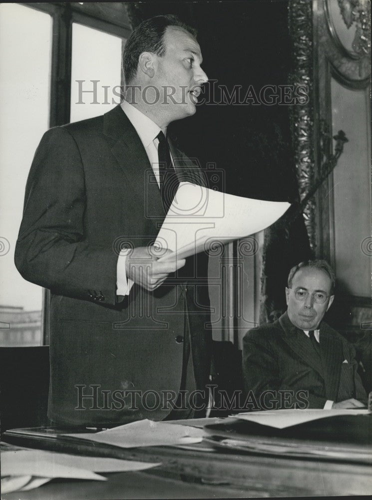 1958 Press Photo Antoine Pinay &amp; Mr. Sudreau Hold Press Conference - Historic Images