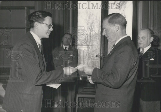 1953 Press Photo Robert Marjolin Giving Out Checks to Help Europe Flood Victims - Historic Images