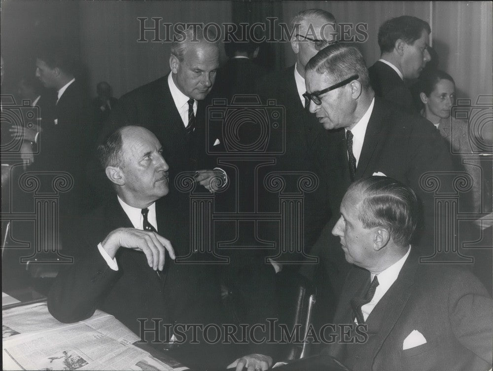 1967 Press Photo Mr. Luns Seated (Left) & Jean Ray Standing, Luxembourg Meeting-Historic Images