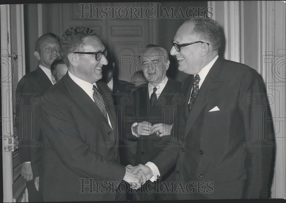 1969, Henry Kissinger & Maurice Schumann Shake Hands After Meeting - Historic Images