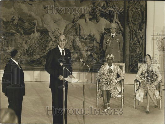1976 Press Photo Houphouet-Boigny, Giscard d'Estaing, & Wives Welcome Speech - Historic Images