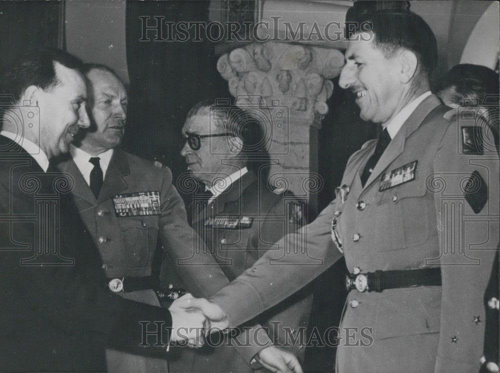 1959 Press Photo Michel Debre Shaking Hands with General Massu - Historic Images