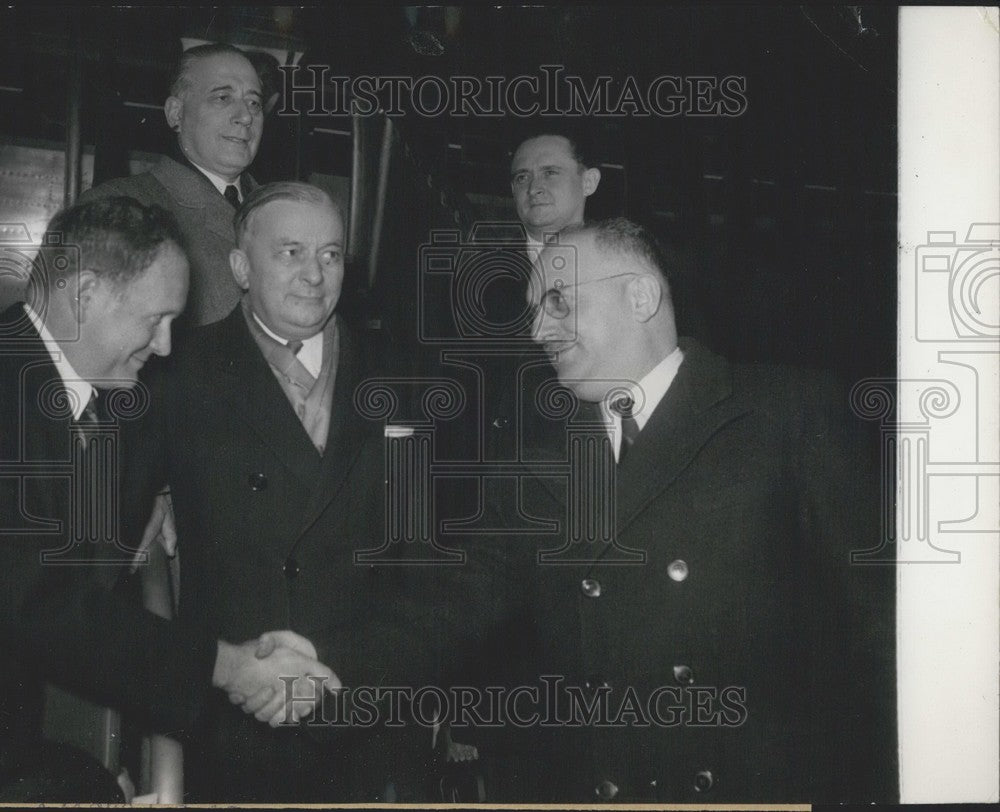 1953, US Ambassador Dillon &amp; Mr. Letourneau Shake Hands Orly Airport - Historic Images