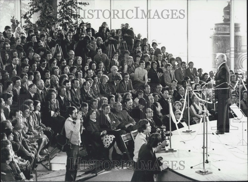 1979, Yehudi Menuhin Speaking to Factory Workers - Historic Images